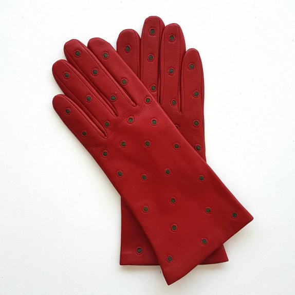 Leather gloves of lamb red and khaki "COCCINELLE"