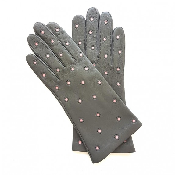 Leather gloves of lamb grey and pink "COCCINELLE"