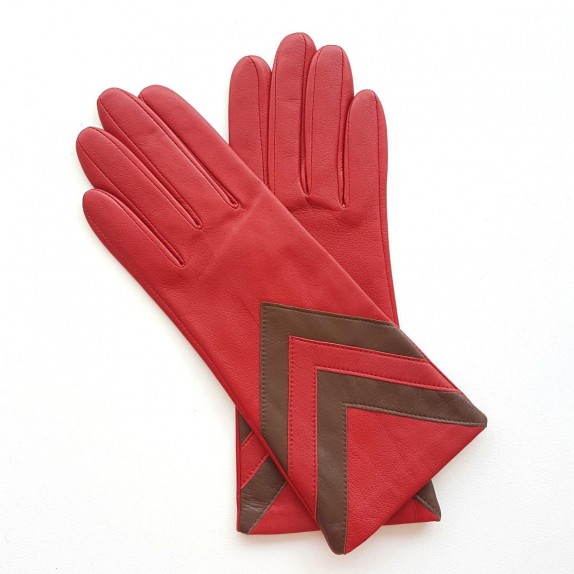 Gants en cuir d'agneau rouge et havane "SYBILLE".