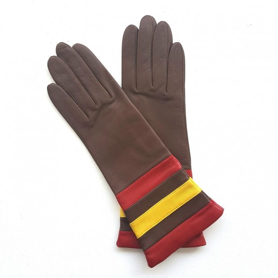 Gants en cuir d'agneau havane jaune et rouge "DONILLE".