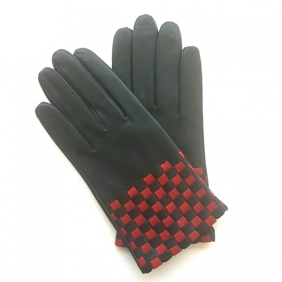 Gants en cuir d'agneau noirs et rouges "LEOPOLD".