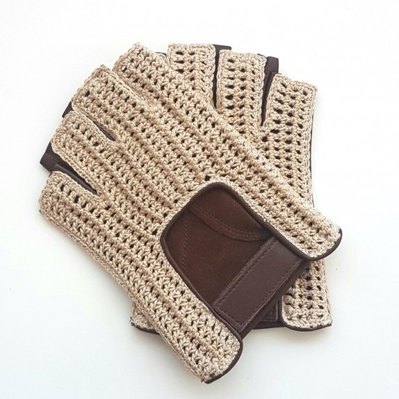 Leather mittens and cotton hook havana and écru "PILOTE"