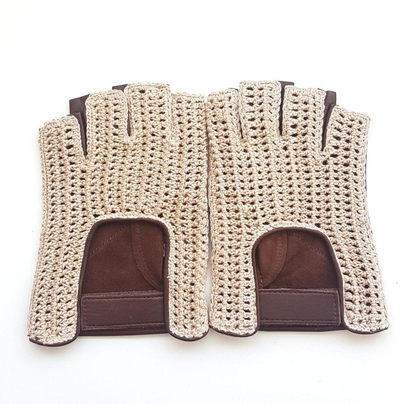 Mitaines en Cuir d'Agneau Crochet Coton Havane écru Pilote Non Doublés