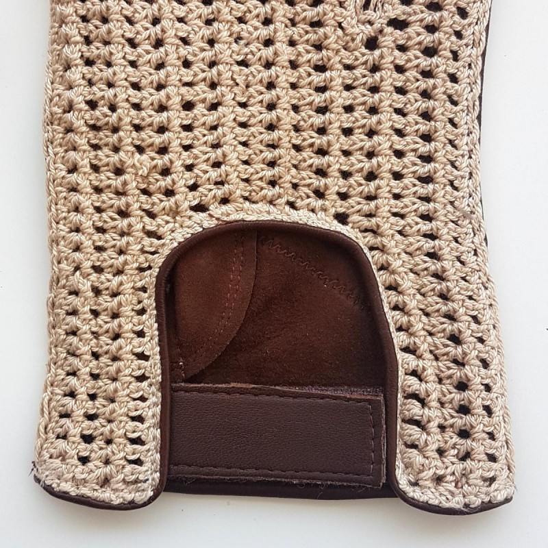 Gants en cuir d'agneau et crochet coton, havane et écru , GANTS DE  CONDUITE.