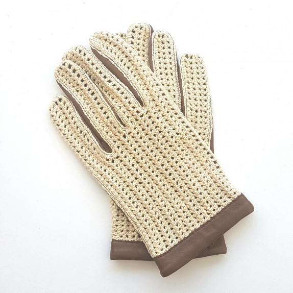 Gants en cuir d'agneau et crochet coton marron et beige "LOUIS".