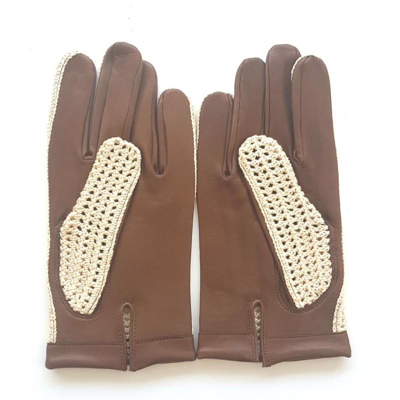 Gants en cuir d'agneau et crochet coton havane et beige LOUIS.