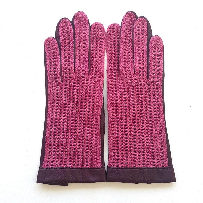 Gants en cuir d'agneau et crochet coton, havane et écru , GANTS DE  CONDUITE.