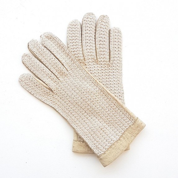 Gants en cuir de pécari beige et otmeal coton écru "PAULINA".