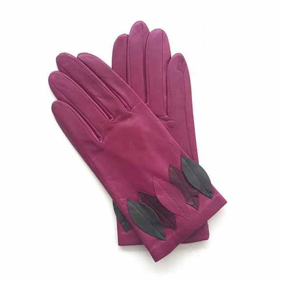 Leather gloves of lamb hot pink grey and cassis "FEUILLE"
