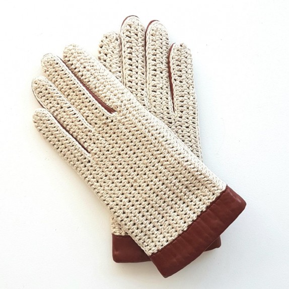 Gants en cuir d'agneau et crochet coton cognac et beige "LOUIS".