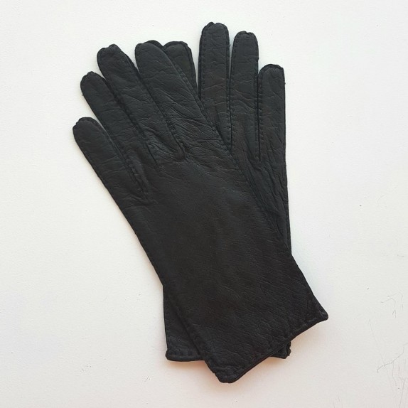 Gants en cuir d'autruche et pécari noir "JOY".