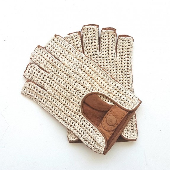 Leather mittens of Pecary and cotton hook cork, beige "EDOUARD"