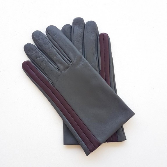 Gants en cuir d'agneau gris et bordeaux "AKANO".