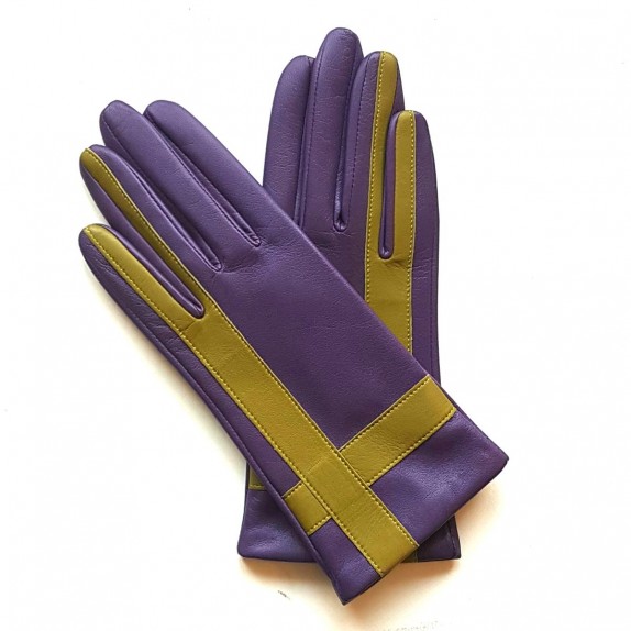 Leather gloves of lamb amethyst and luciole "GEOMETRIA"