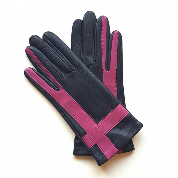 Leather gloves of lamb damson and hot pink "GEOMETRIA"