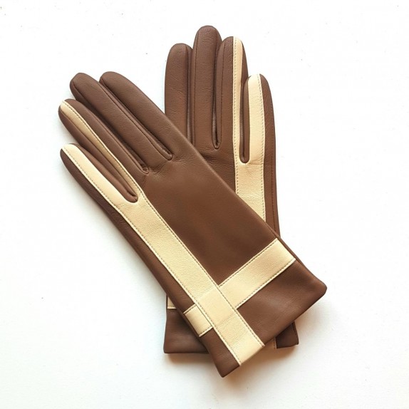 Gants en cuir d'agneau biscuit et parchemin "GEOMETRIA".