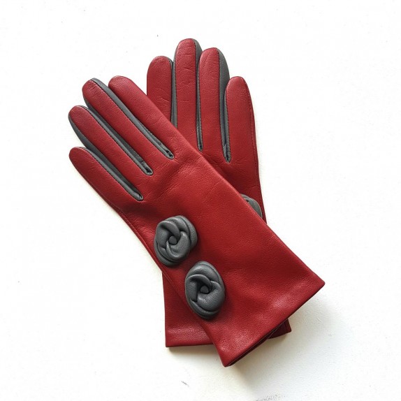 Gants en cuir d'agneau rouges et gris "CAMELIA".