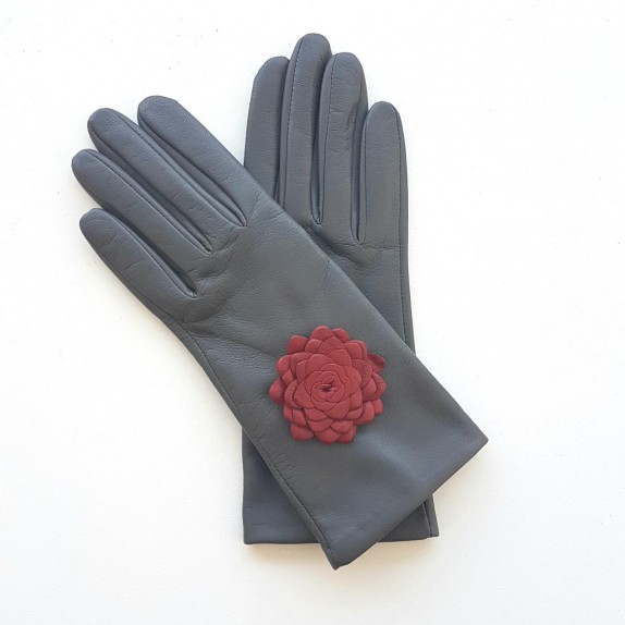 Leather gloves of lamb grey and red "DAHLIAS"