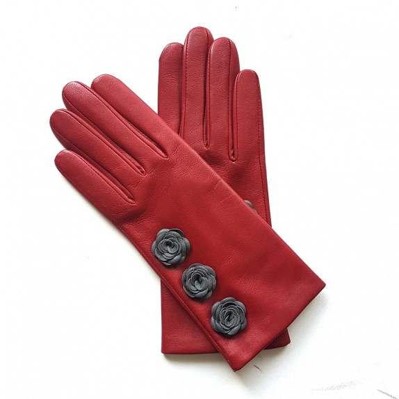 Leather gloves of lamb red and grey "SCABIEUSE"