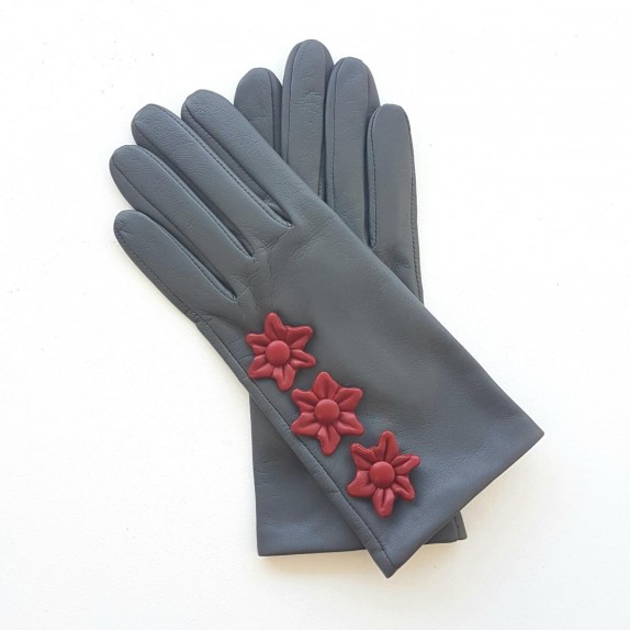 Gants en cuir d'agneau gris et rouges "EDELWEISS".