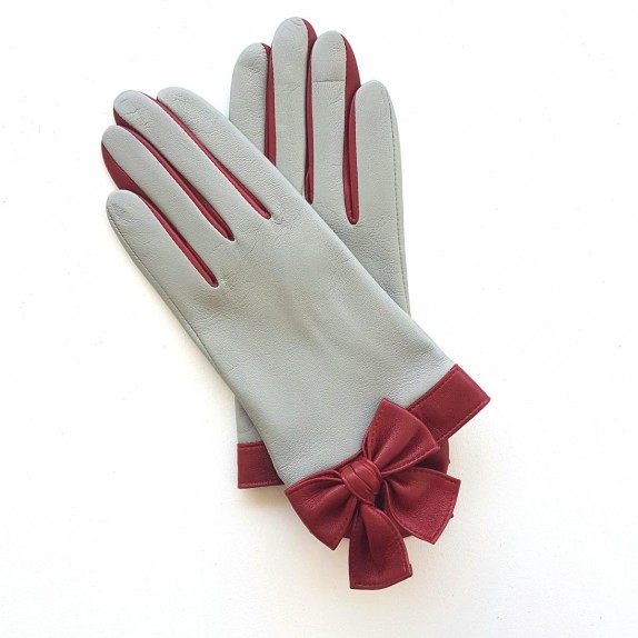 Gants en cuir d'agneau gris perle et rouge "CANDIE".