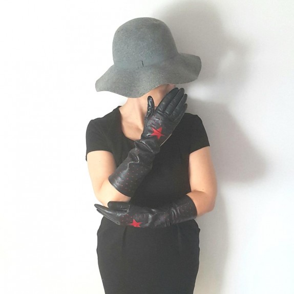 Gants en cuir d'agneau noir et rouge "DIANA".