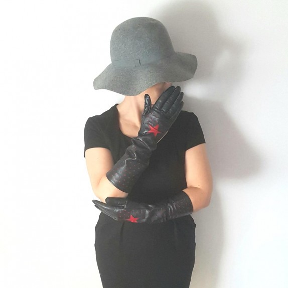 Leather gloves of lamb black and red "DIANA".