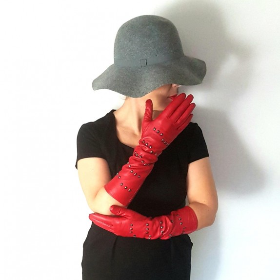 Gants en cuir d'agneau rouge "STUDDED".