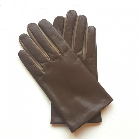 Gants en cuir d'agneau tobacco et argile "TWIN H".