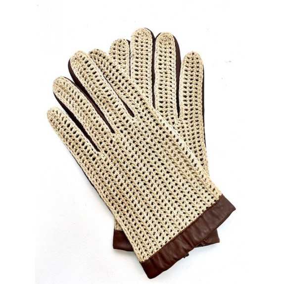 Gants en cuir d'agneau et crochet coton havane et beige LOUIS.