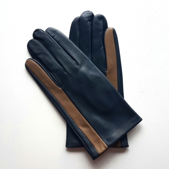 Gants en cuir d'agneau navy et argile"AKI".