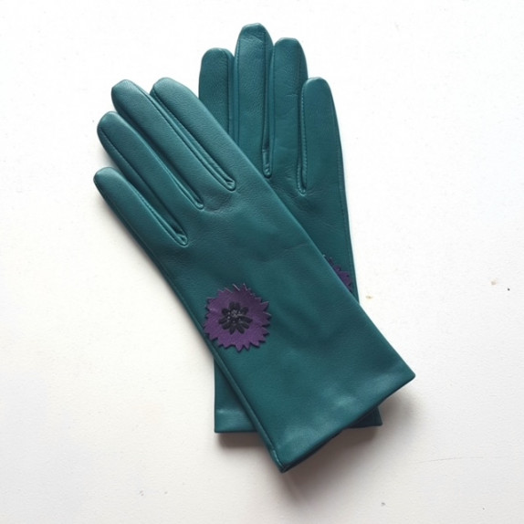 Gants en cuir d'agneau vert, noir et améthyste "MYOSOTIS".