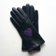 Leather gloves of lamb black, amethyst and green "COEUR"