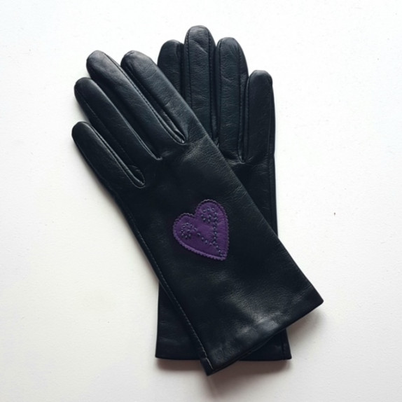 Gants en cuir d'agneau noir, améthyste et vert "AMOUR".