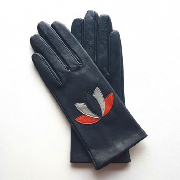 Leather gloves of lamb navy, orange and grey "ROTASU"