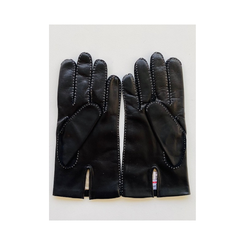 Gants en Cuir d'Agneau Noir Fil Blanc Pierre Doublés Soie.