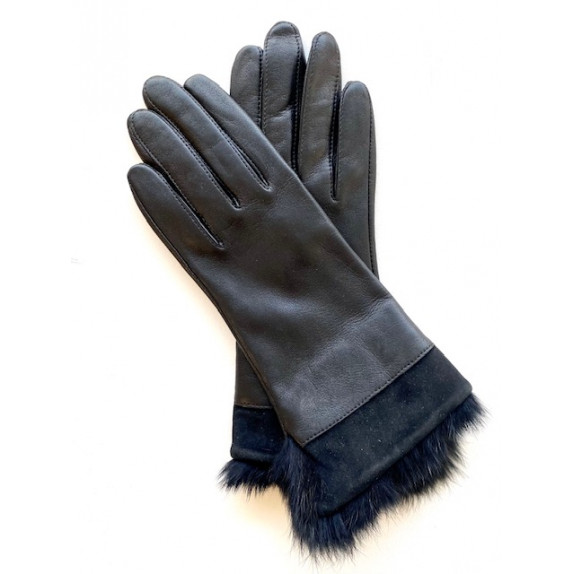 Gants en cuir d'agneau et fourrure lapin noir "STEPPE"