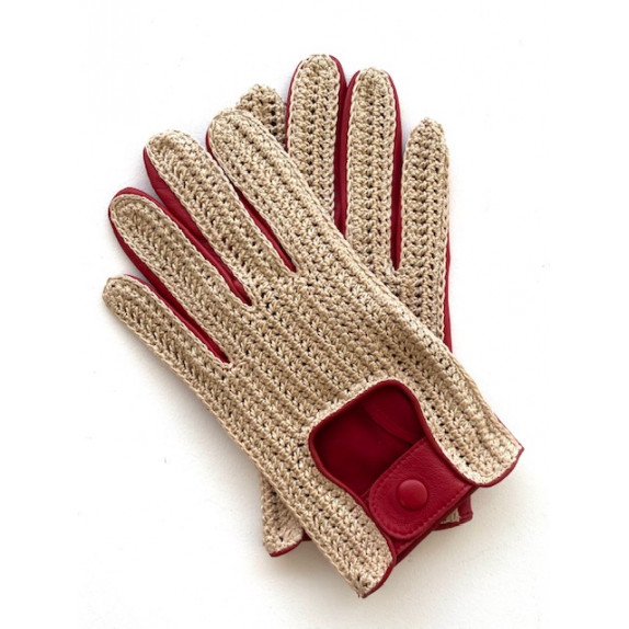 Gants en cuir d'agneau et crochet coton rouge et beige "AUGUSTIN".