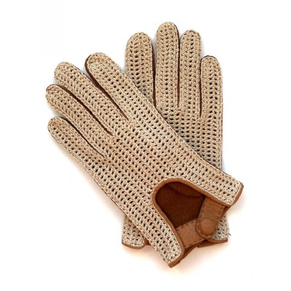 Gants en cuir de pécari et crochet coton cork, écru "GASPARD"