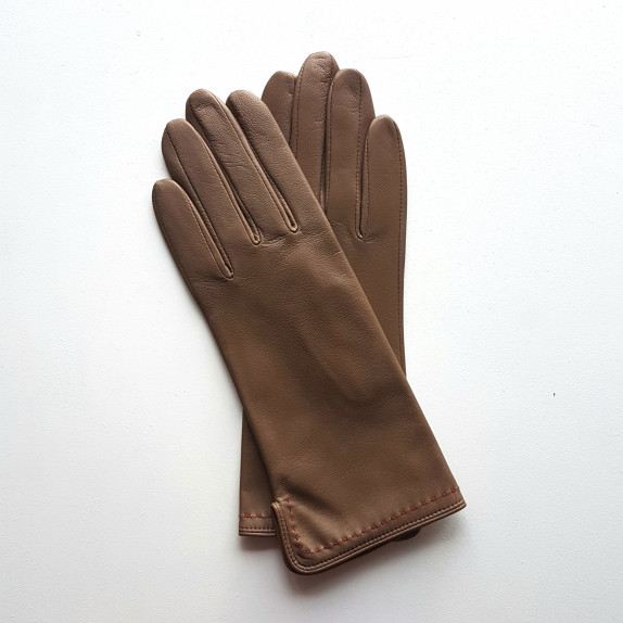 Leather gloves of lamb biscuit and pink "VIOLETTE"