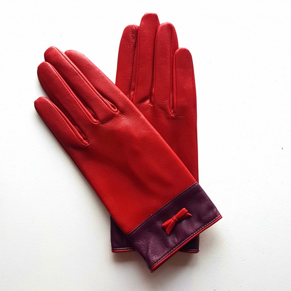 Gants en cuir d'agneau rouge et cassis "ANEMONE".