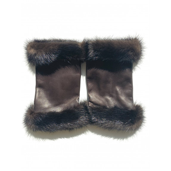 Leather mittens of lamb and mink brown "AUDRA".