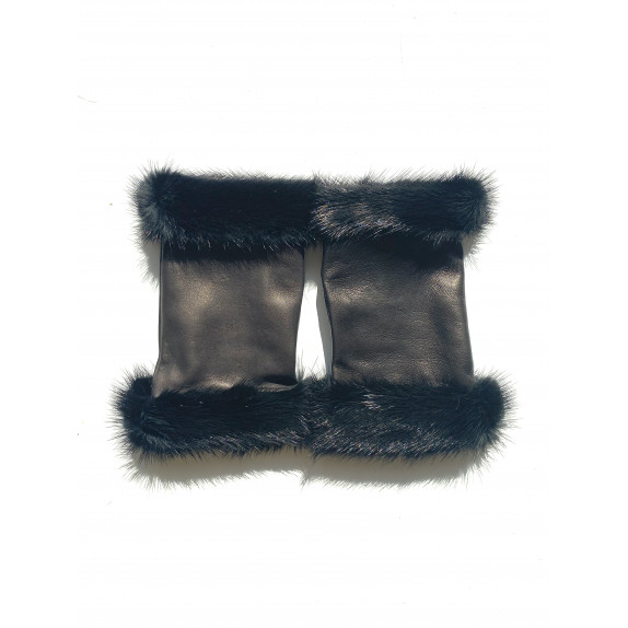 Leather mittens of brown lamb and black mink "AUDRA".