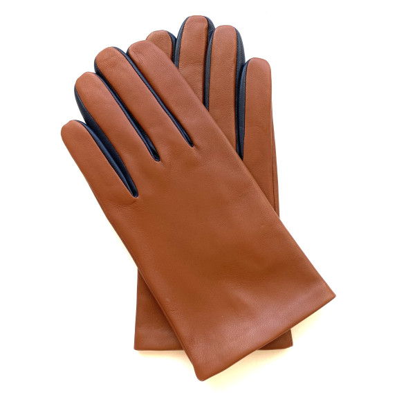 Leather gloves of lamb cognac and navy "TWIN H"