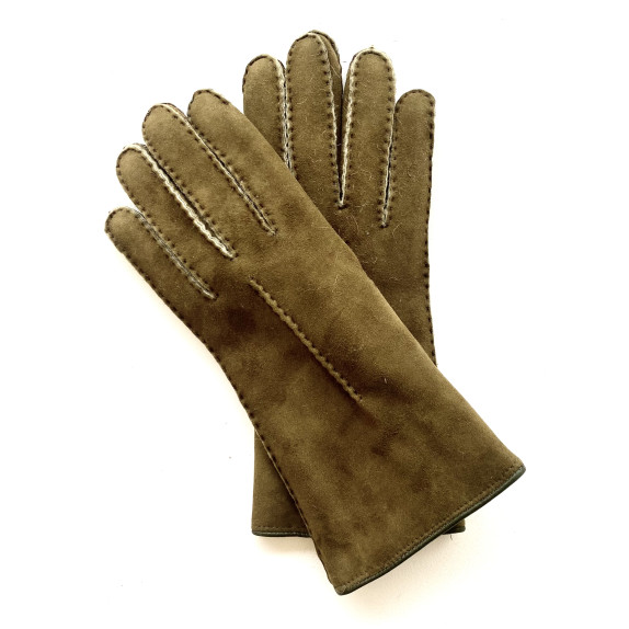 Leather gloves of sherling khaki "ANASTASIA".