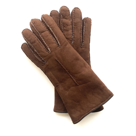 Leather gloves of sherling brown "ANASTASIA".