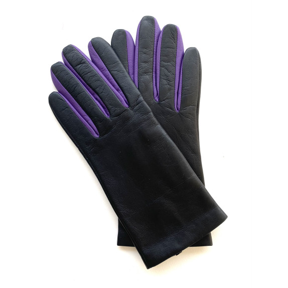 Leather gloves of lamb black and amethyst "COLOMBE".