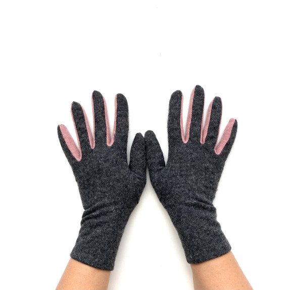 Gants en laine et acrylique gris et rose "LAURA".