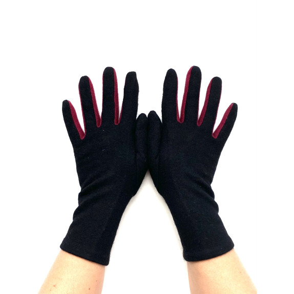 Gants en laine et acrylique noir et bordeaux "LAURA".