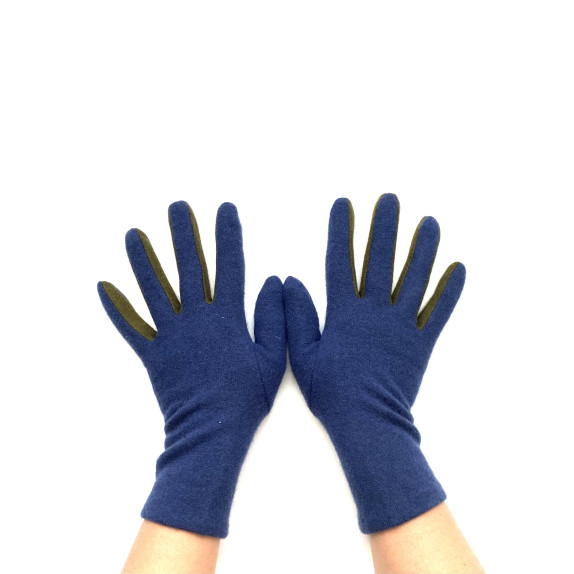 Wool and acrylic blue and khaki gloves "LAURA"